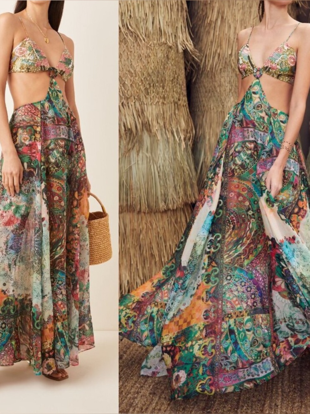 Alexis Marteena Cutout Sequin Printed Chiffon Maxi Dress in Embroidered Emerald
